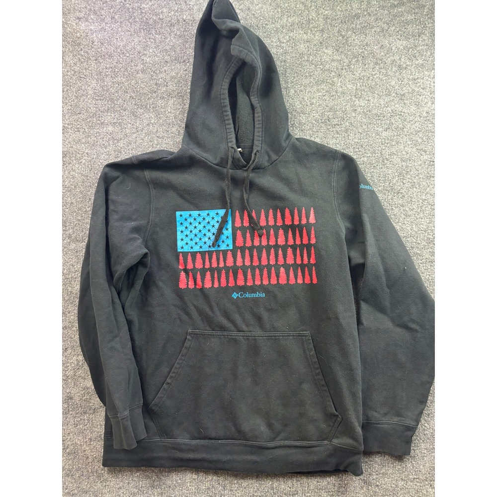 Columbia Hoodie Mens Medium Black American Flag Tree Graphic Fleece Sweatshirt